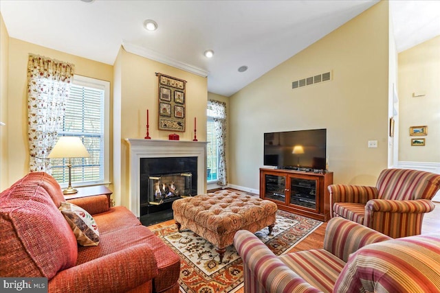 living room featuring lofted ceiling and hardwood / wood-style flooring