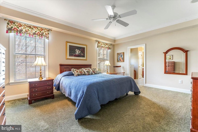 bedroom featuring connected bathroom, ceiling fan, carpet flooring, and ornamental molding