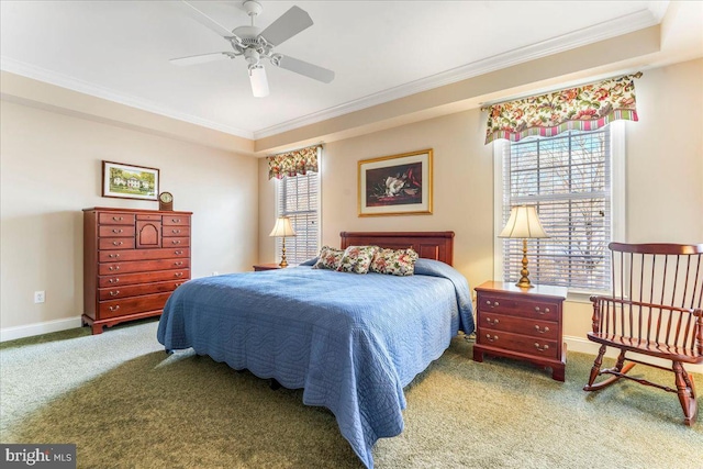 bedroom with ceiling fan, carpet, and ornamental molding