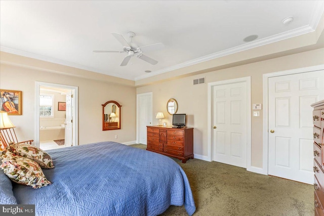 carpeted bedroom with ceiling fan, connected bathroom, and ornamental molding