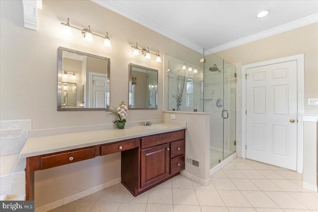 bathroom featuring tile patterned floors, an enclosed shower, vanity, and ornamental molding