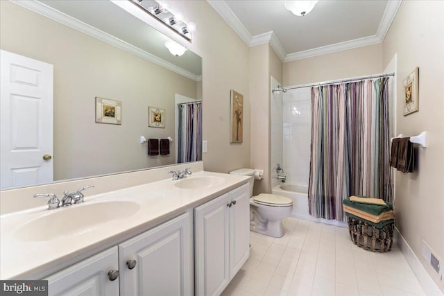 full bathroom featuring toilet, shower / tub combo with curtain, tile patterned flooring, ornamental molding, and vanity