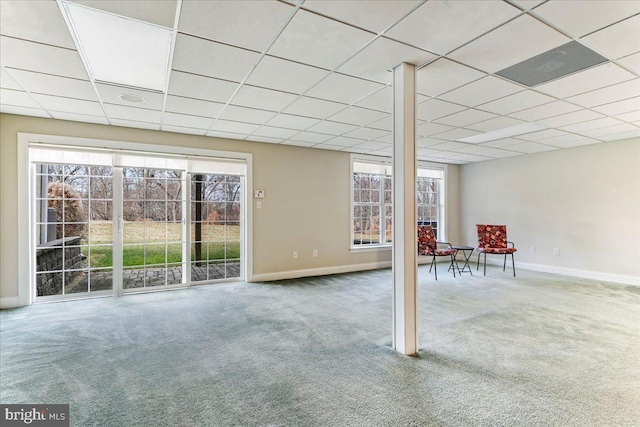 basement featuring carpet and a drop ceiling