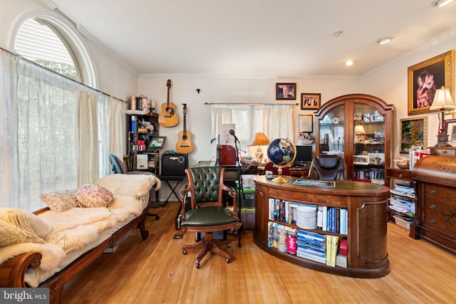 office space with wood-type flooring and ornamental molding