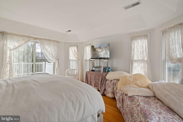 bedroom featuring access to outside, light hardwood / wood-style flooring, and a tray ceiling