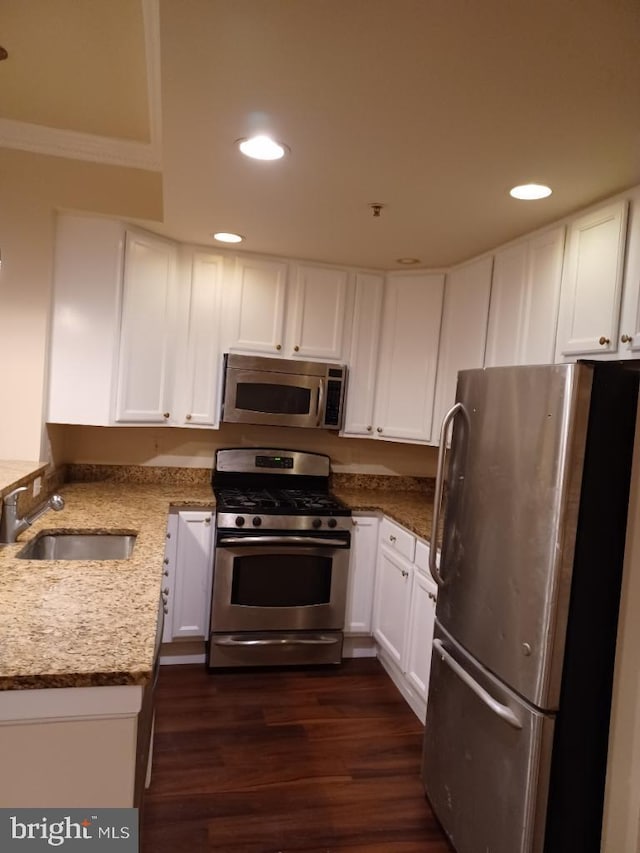 kitchen with white cabinetry, sink, dark wood-type flooring, light stone counters, and appliances with stainless steel finishes