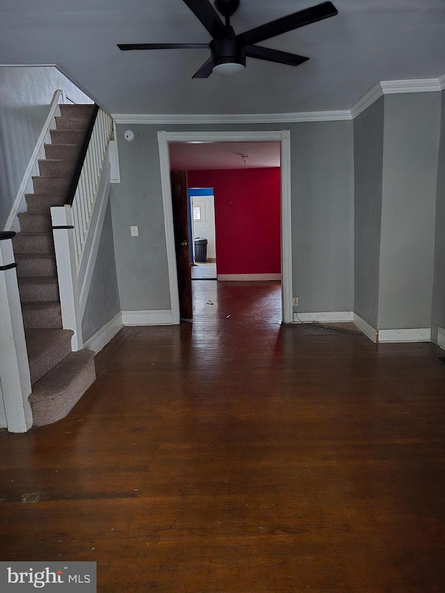 interior space featuring ceiling fan, dark wood-type flooring, and ornamental molding