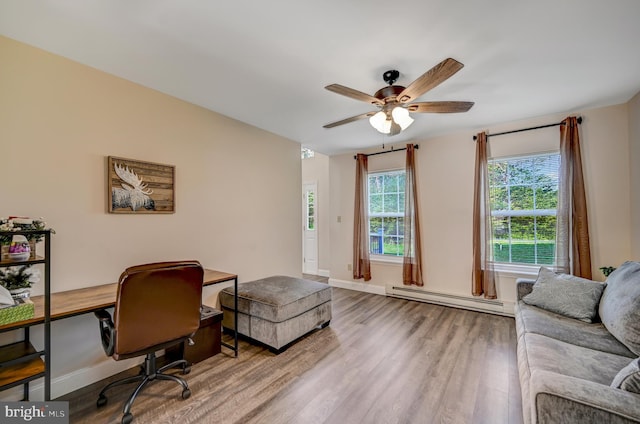 home office with hardwood / wood-style flooring, ceiling fan, and a baseboard heating unit