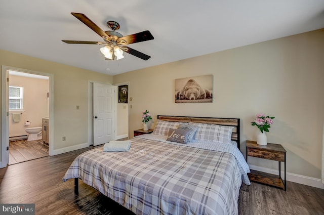 bedroom featuring wood-type flooring, connected bathroom, ceiling fan, and a baseboard heating unit