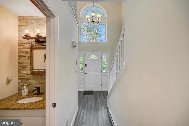 foyer entrance featuring a notable chandelier, dark hardwood / wood-style flooring, plenty of natural light, and sink