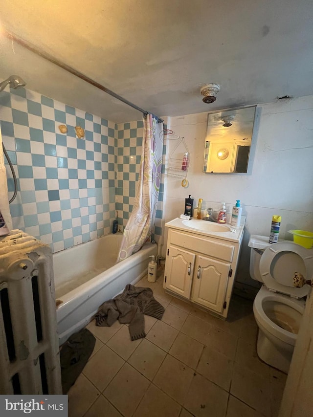 full bathroom with vanity, radiator, tile patterned flooring, toilet, and shower / bathtub combination with curtain