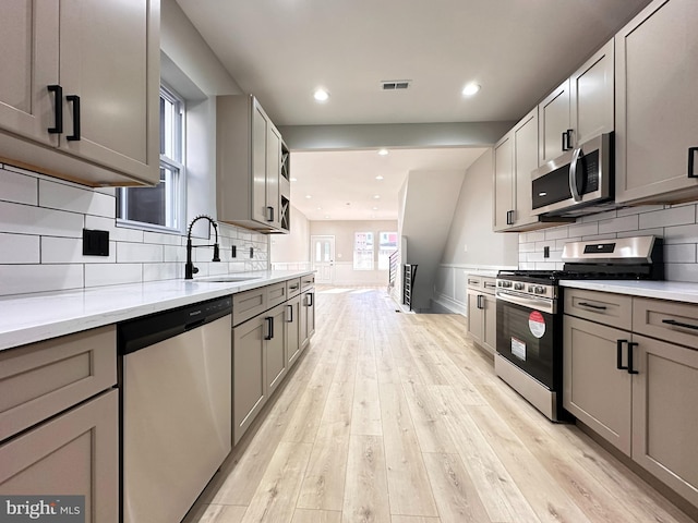 kitchen with light wood-type flooring, tasteful backsplash, stainless steel appliances, sink, and gray cabinets