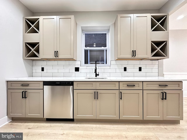 kitchen with decorative backsplash, dishwasher, light wood-type flooring, and sink