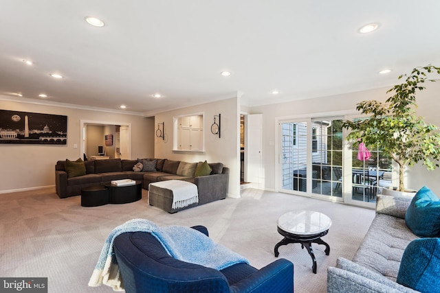 living room with light colored carpet and crown molding