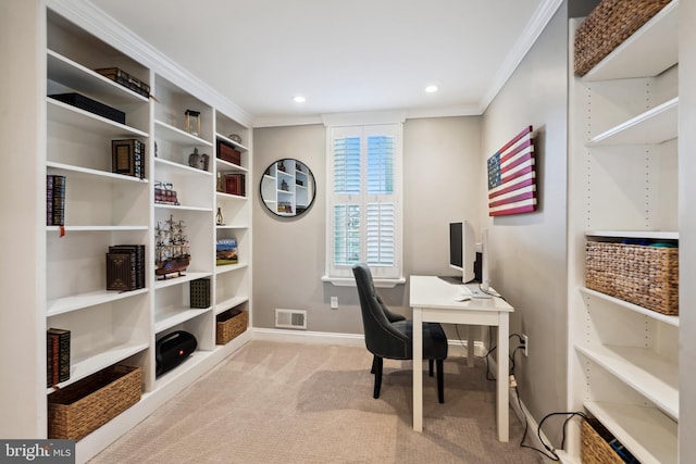 home office with light colored carpet and ornamental molding