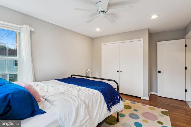 bedroom with ceiling fan, a closet, and dark hardwood / wood-style floors