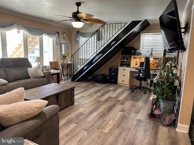 living room featuring ceiling fan and hardwood / wood-style floors