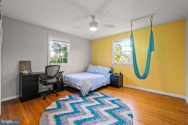 bedroom with wood-type flooring, multiple windows, and ceiling fan