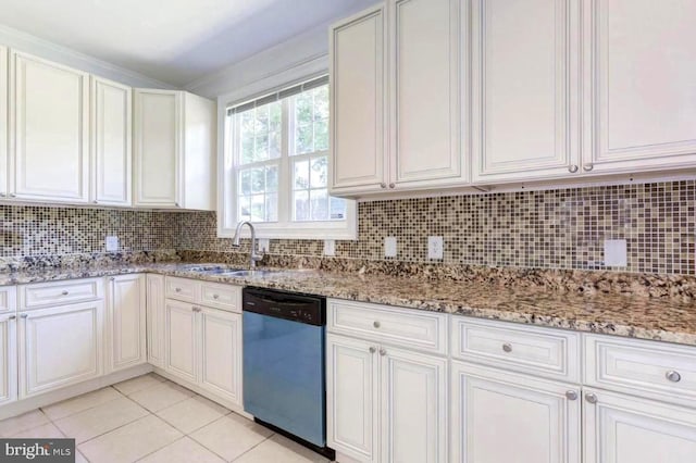 6614 Quander Rd, Alexandria, VA 22307 - kitchen featuring sink, white cabinets, stainless steel dishwasher, and light tile patterned floors