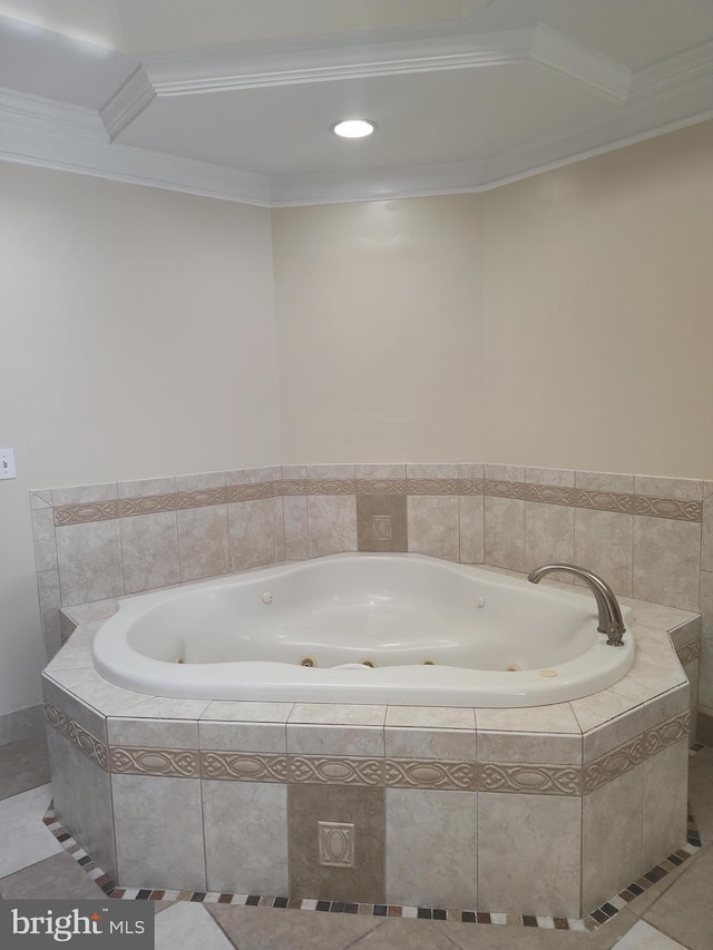 6614 Quander Rd, Alexandria, VA 22307 - bathroom featuring tiled tub, crown molding, and tile patterned flooring