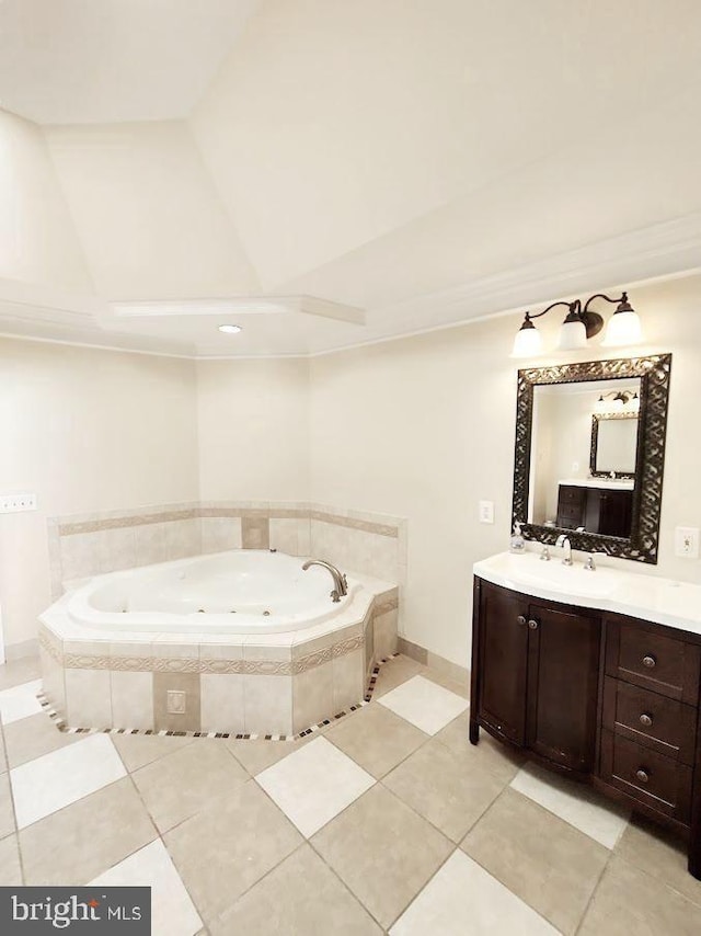 6614 Quander Rd, Alexandria, VA 22307 - bathroom featuring vanity, vaulted ceiling, a relaxing tiled tub, and tile patterned floors