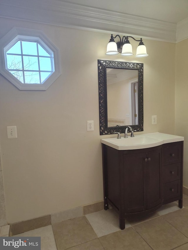 6614 Quander Rd, Alexandria, VA 22307 - bathroom with crown molding, tile patterned flooring, and vanity