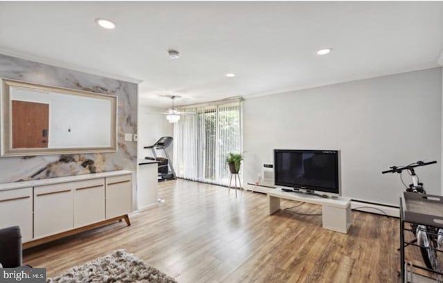 living room featuring light hardwood / wood-style floors, crown molding, and a baseboard heating unit