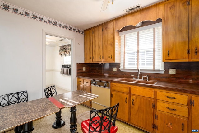 kitchen with decorative backsplash, dishwasher, and sink