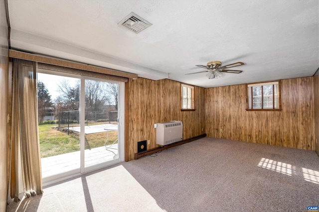 carpeted empty room with a wealth of natural light and wood walls