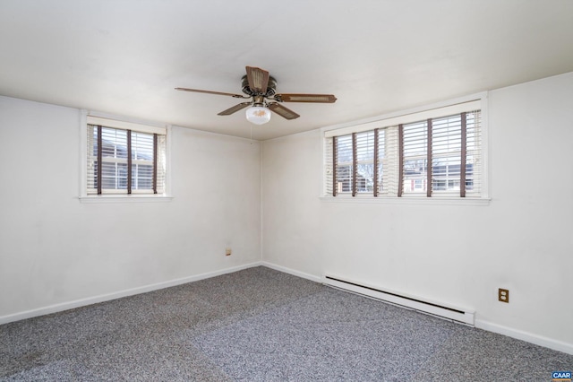 empty room featuring carpet, ceiling fan, and baseboard heating