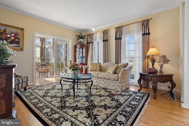 living room featuring ornamental molding, light wood-type flooring, and a healthy amount of sunlight