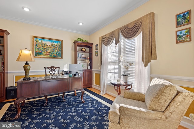 office area featuring crown molding and hardwood / wood-style floors