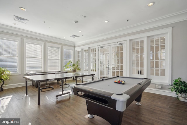 recreation room featuring hardwood / wood-style flooring, ornamental molding, and billiards