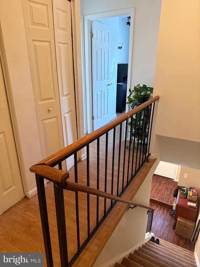 stairway with hardwood / wood-style floors