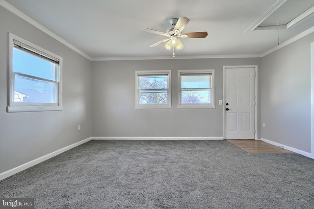 carpeted empty room featuring ceiling fan and ornamental molding