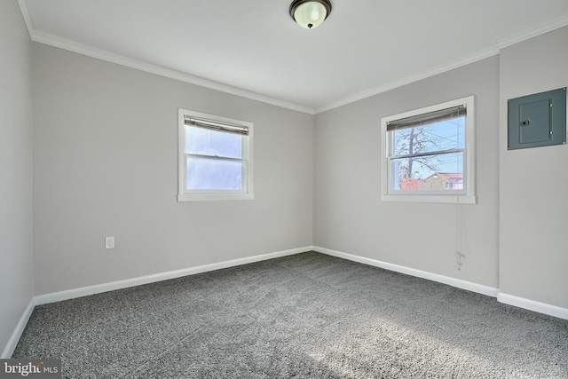 carpeted empty room featuring ornamental molding, electric panel, and a healthy amount of sunlight