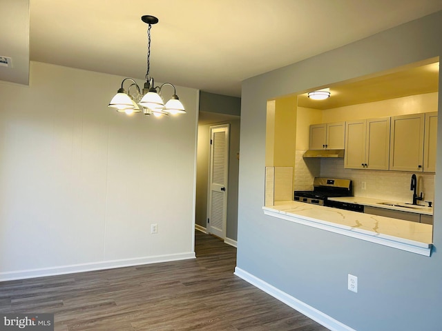 kitchen featuring sink, dark hardwood / wood-style floors, stainless steel range oven, and backsplash