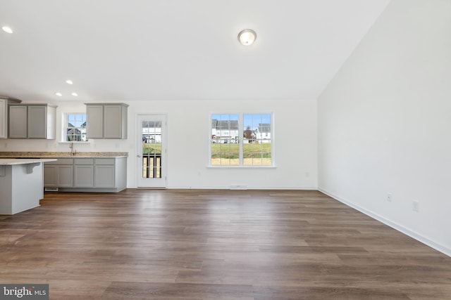 unfurnished living room featuring sink, dark wood-type flooring, and vaulted ceiling