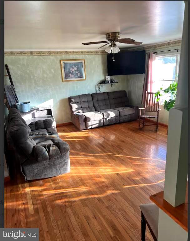 living room featuring hardwood / wood-style floors and ceiling fan