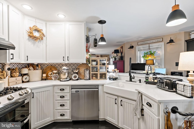 kitchen featuring dishwasher, decorative light fixtures, white cabinets, and white range with gas stovetop