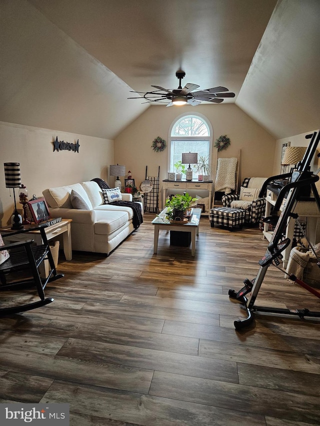 exercise room featuring dark hardwood / wood-style flooring, ceiling fan, and lofted ceiling