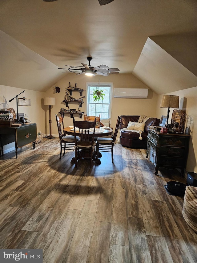 dining area featuring a wall mounted AC, ceiling fan, hardwood / wood-style floors, and lofted ceiling