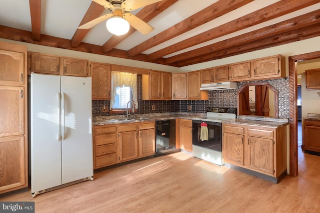 kitchen with white appliances, sink, decorative backsplash, light wood-type flooring, and beamed ceiling