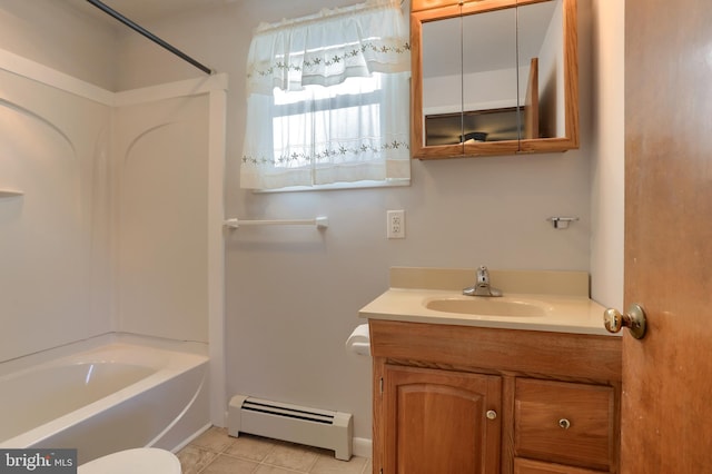 bathroom featuring tile patterned flooring, vanity, toilet, and a baseboard heating unit