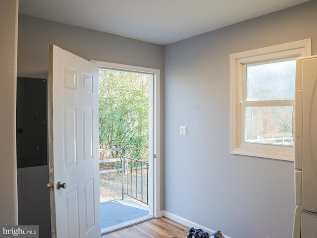 doorway to outside with electric panel and light hardwood / wood-style flooring