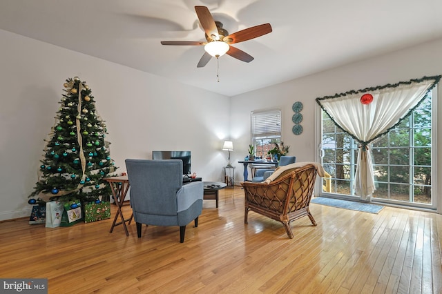 living area with ceiling fan and light hardwood / wood-style flooring