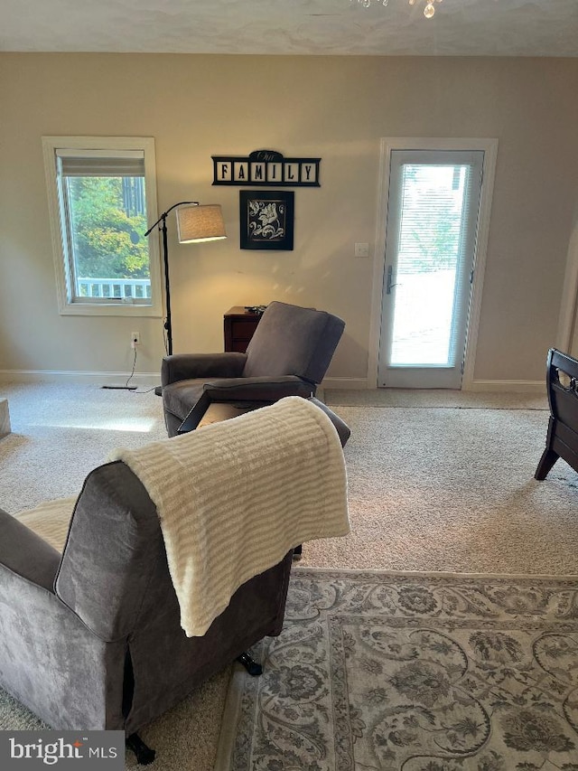 interior space with light carpet and baseboards