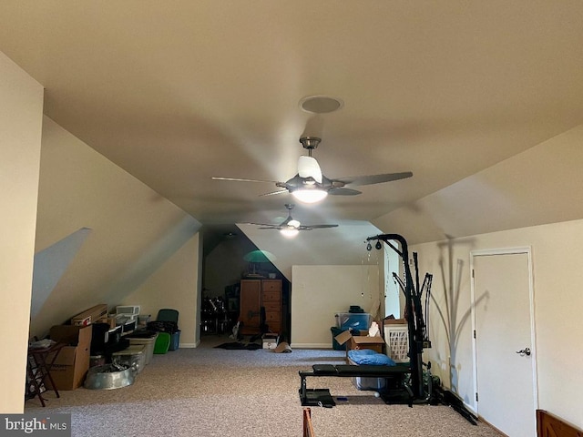 workout room with a ceiling fan, carpet flooring, and vaulted ceiling