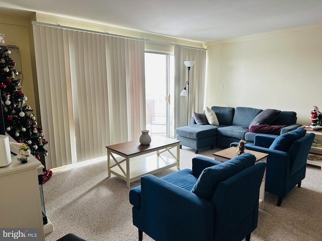 carpeted living room with crown molding