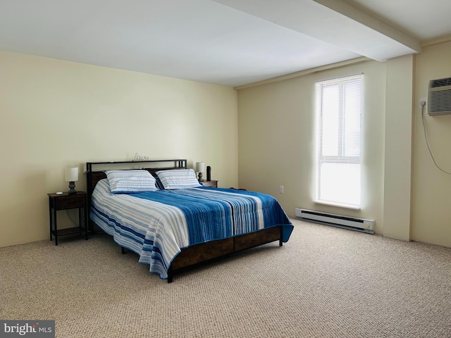 carpeted bedroom featuring baseboard heating and an AC wall unit